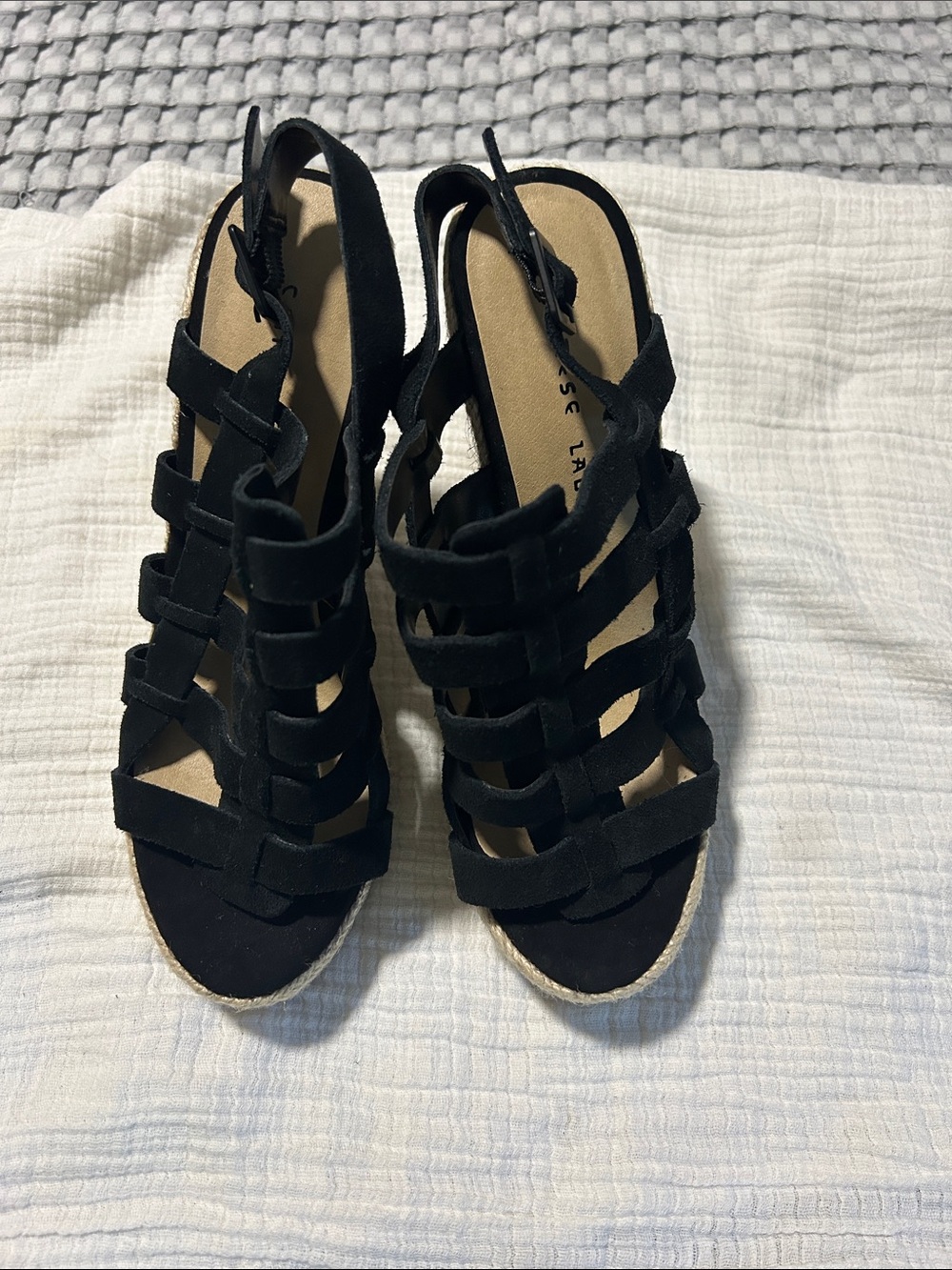 Chinese Laundry Dance Party Cage Espadrille High Heel Wedge Sandal. Suede Upper